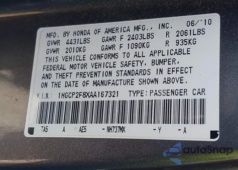 2010 Honda Accord 2.4 Ex-L z USA, uszkodzony, nr VIN 1HGCP2F8XAA167321